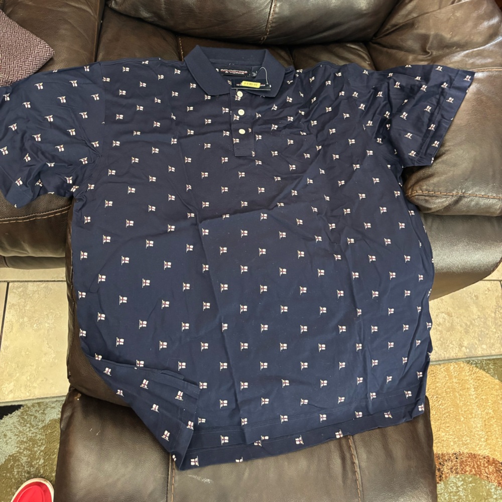 Roundtree & Yorke Navy Polo with Small White and Red Flag Print
